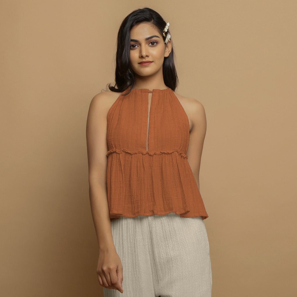 Rust Crinkled Cotton Flax Halter Neck Flared Top