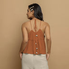 Rust Crinkled Cotton Flax Halter Neck Flared Top