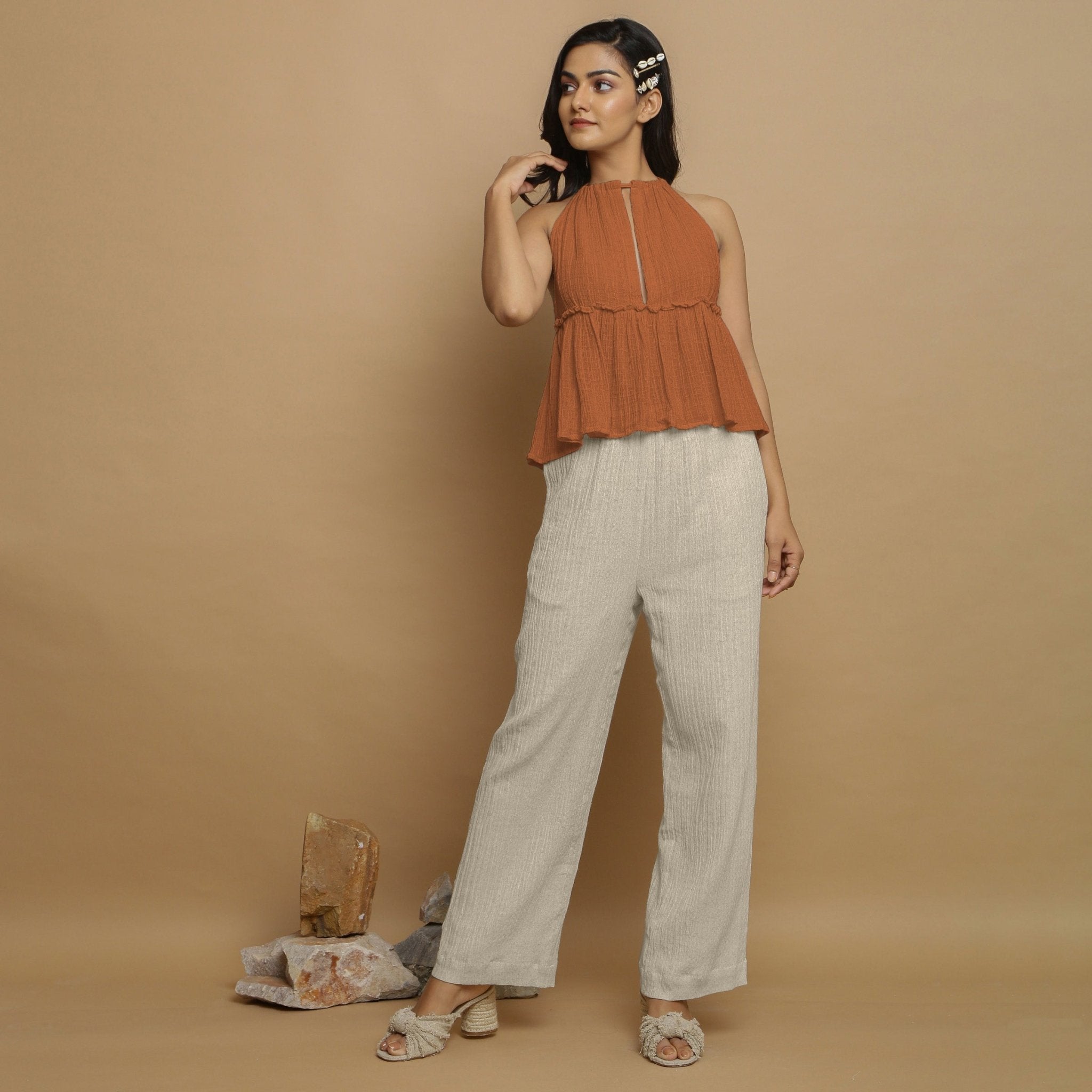 Rust Crinkled Cotton Flax Halter Neck Flared Top