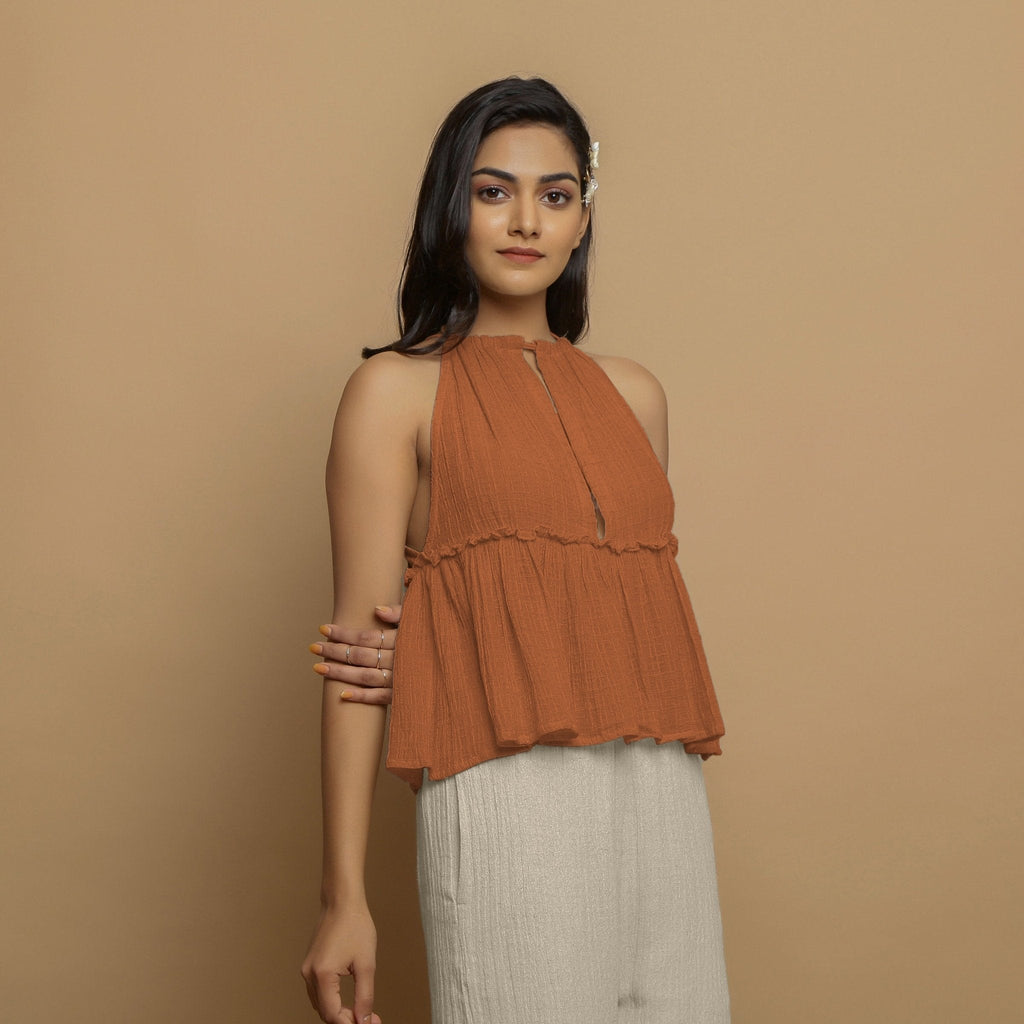 Rust Crinkled Cotton Flax Halter Neck Flared Top