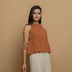 Rust Crinkled Cotton Flax Halter Neck Flared Top