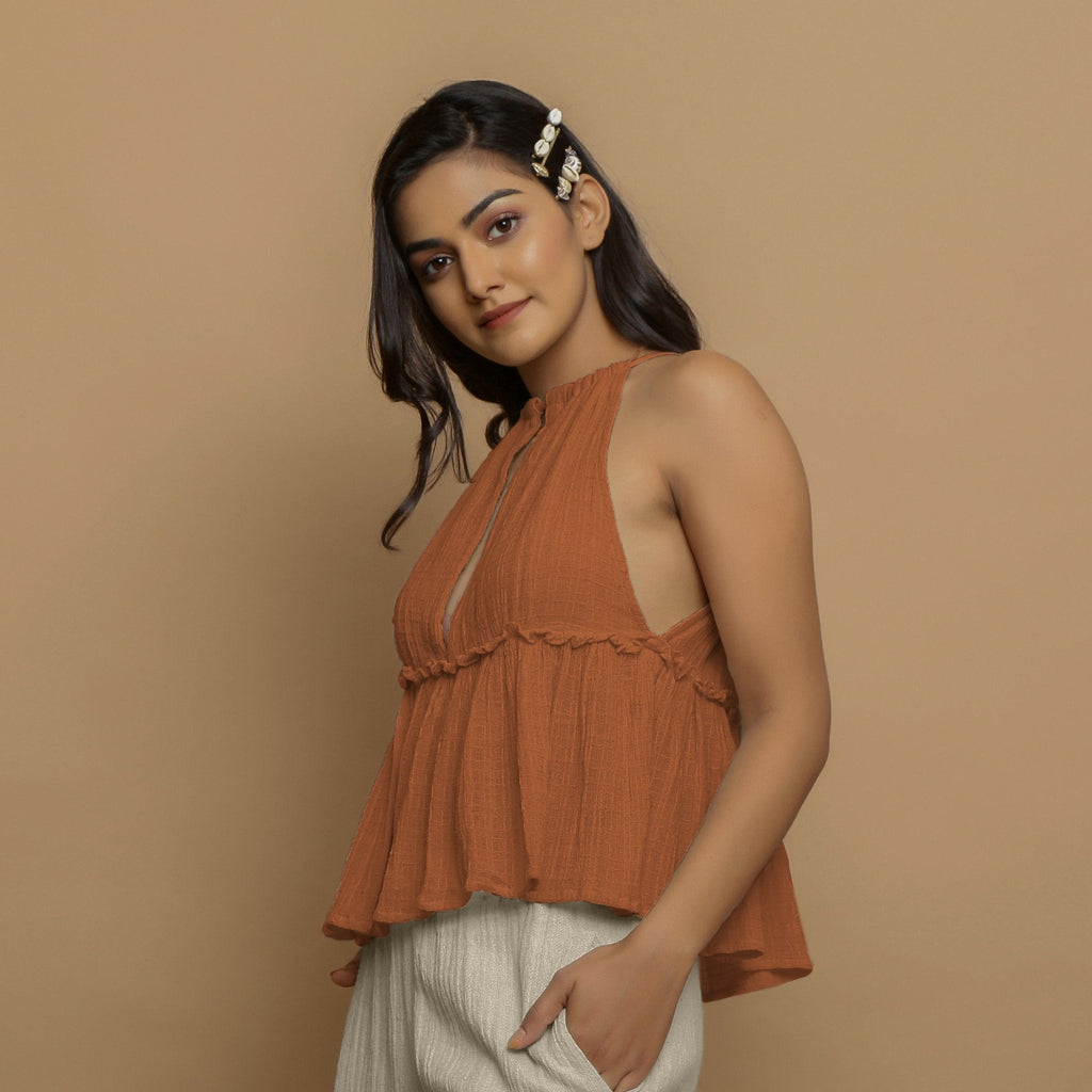 Rust Crinkled Cotton Flax Halter Neck Flared Top