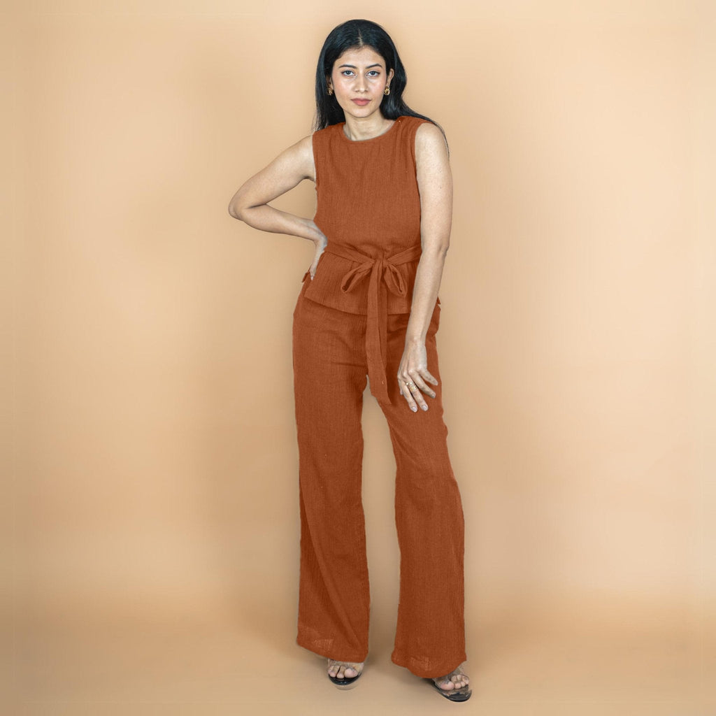 Rust Crinkled Cotton Flax High-Rise Flared Pant