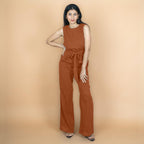 Rust Crinkled Cotton Flax High-Rise Flared Pant