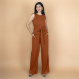 Rust Crinkled Cotton Flax High-Rise Flared Pant