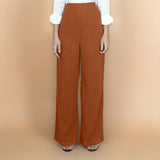 Rust Crinkled Cotton Flax High-Rise Flared Pant