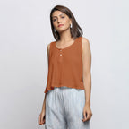 Rust Crinkled Cotton Flax Round Neck Sleeveless Top
