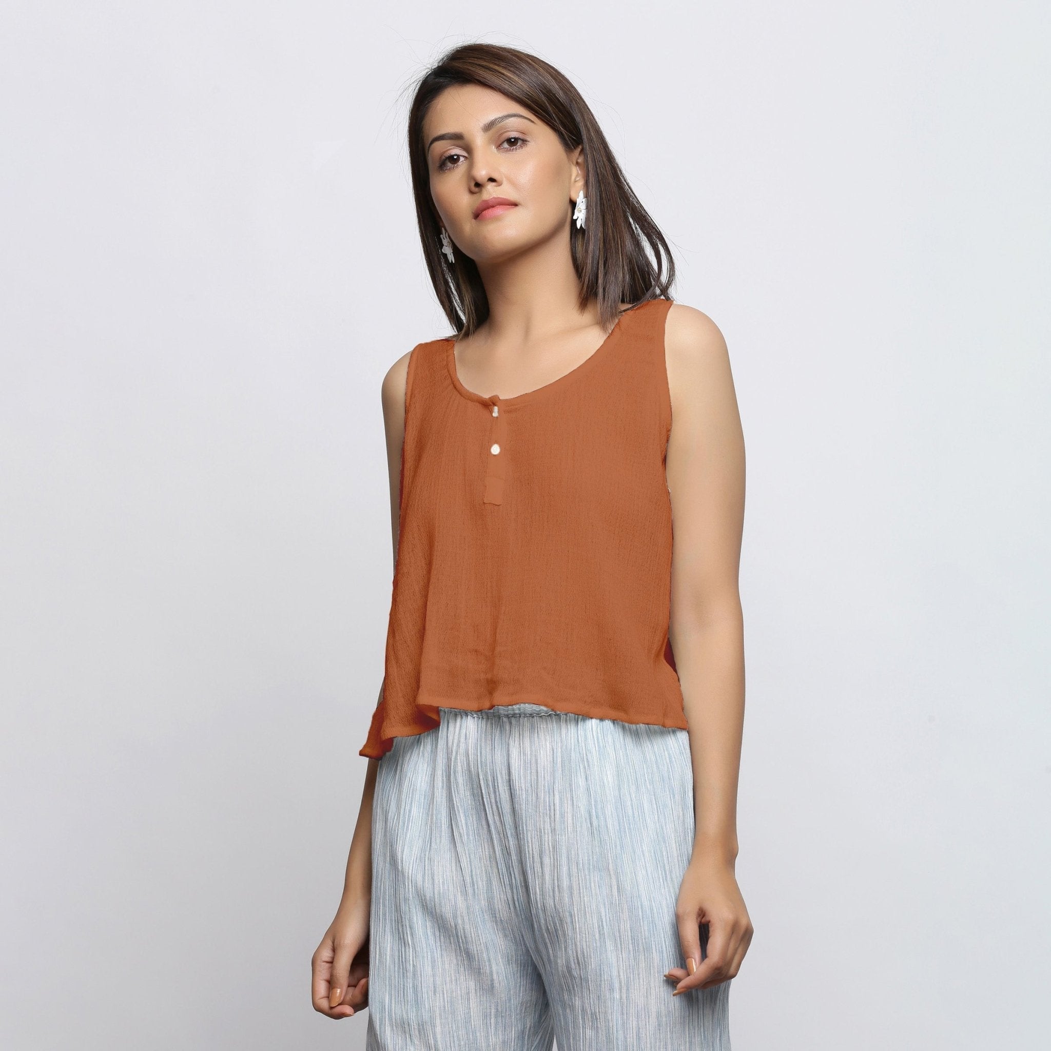 Rust Crinkled Cotton Flax Round Neck Sleeveless Top