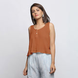 Rust Crinkled Cotton Flax Round Neck Sleeveless Top