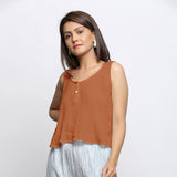 Rust Crinkled Cotton Flax Round Neck Sleeveless Top