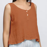 Rust Crinkled Cotton Flax Round Neck Sleeveless Top