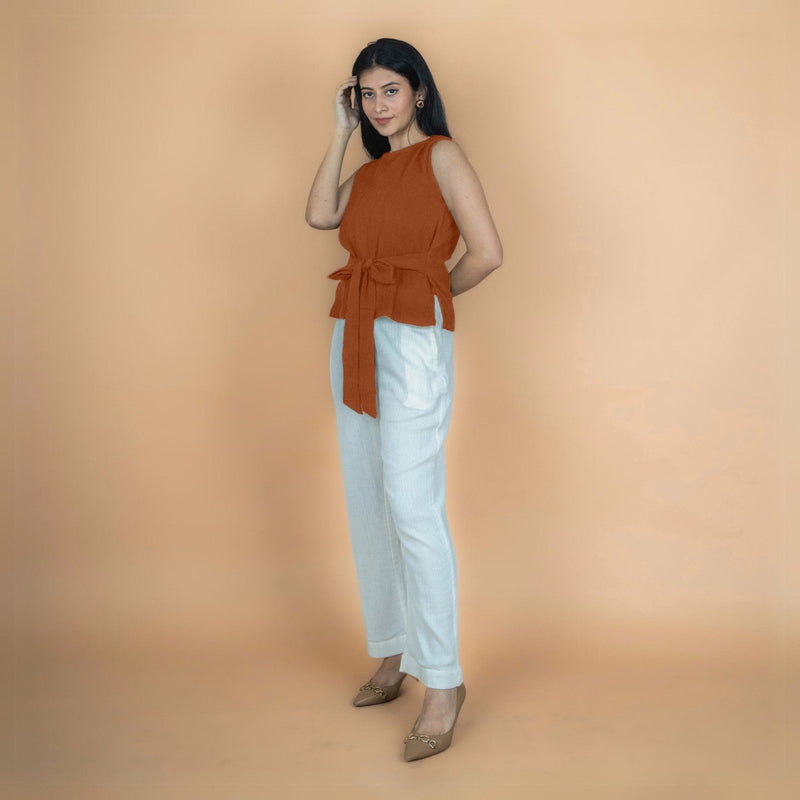 Rust Crinkled Cotton Flax Sleeveless Tie-Up Top