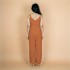 Rust Crinkled Cotton Flax V-Neck Strap Sleeve Jumpsuit
