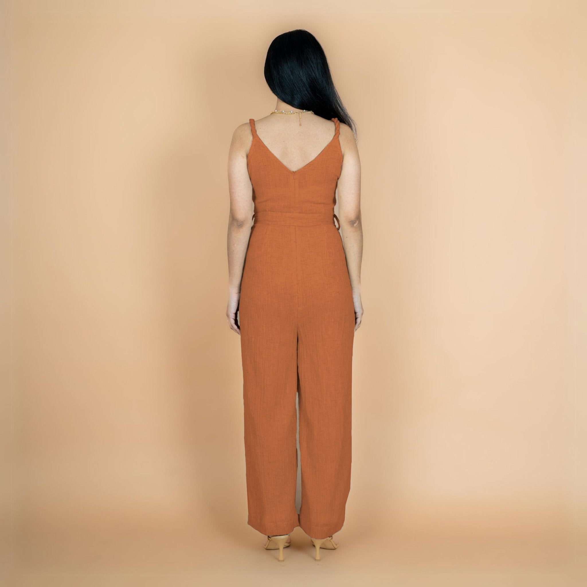 Rust Crinkled Cotton Flax V-Neck Strap Sleeve Jumpsuit
