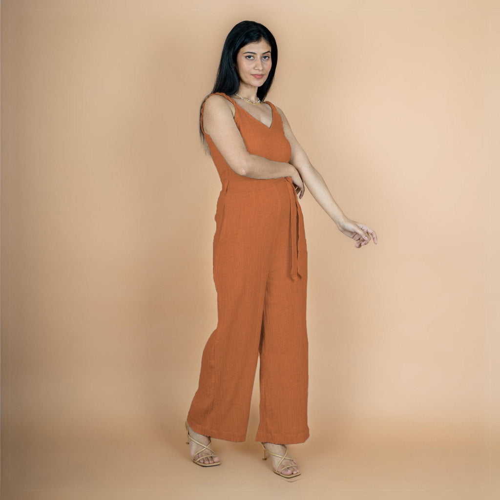 Rust Crinkled Cotton Flax V-Neck Strap Sleeve Jumpsuit