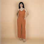Rust Crinkled Cotton Flax V-Neck Strap Sleeve Jumpsuit