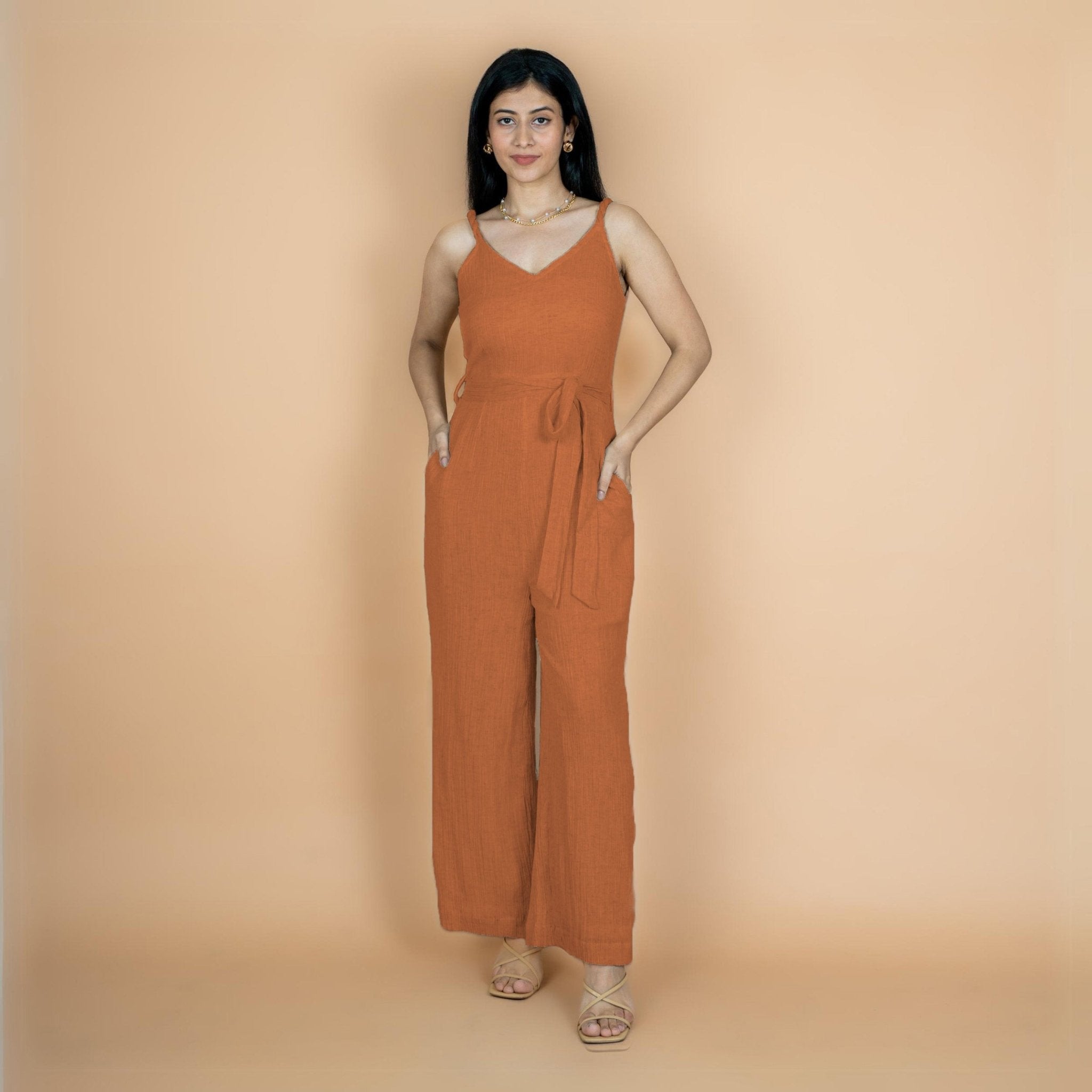 Rust Crinkled Cotton Flax V-Neck Strap Sleeve Jumpsuit