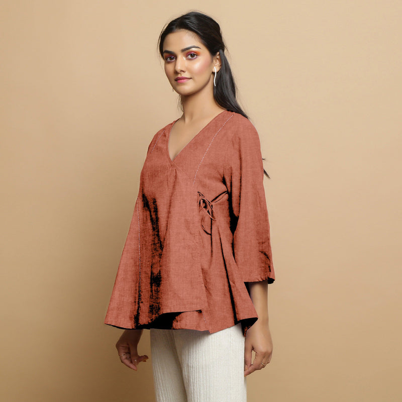 Rust Embroidered Linen Asymmetrical Godet Top