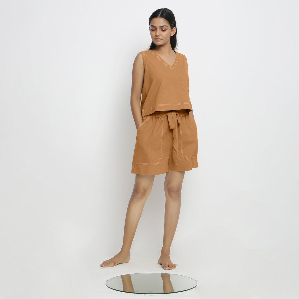 Right View of a Model wearing Rust Handspun Vegetable Dyed Crop Top
