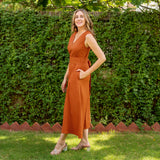 Rust Khakhi Cotton A-Line Maxi Wrap Belt Dress