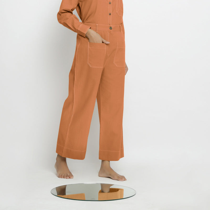 Right View of a Model wearing Rust Patch Pocket Straight Fit Pant