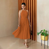 Rust Sandstone 100% Cotton Halter Neck Tier Midi Dress
