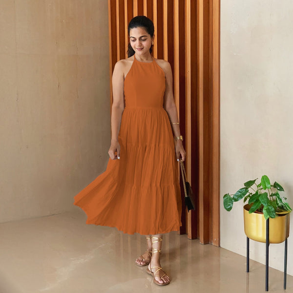 Rust Sandstone 100% Cotton Halter Neck Tier Midi Dress
