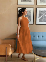 Rust Sandstone 100% Cotton Halter Neck Tier Midi Dress