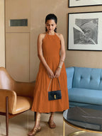 Rust Sandstone 100% Cotton Halter Neck Tier Midi Dress