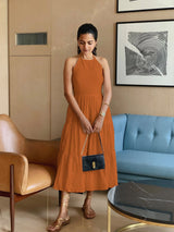 Rust Sandstone 100% Cotton Halter Neck Tier Midi Dress
