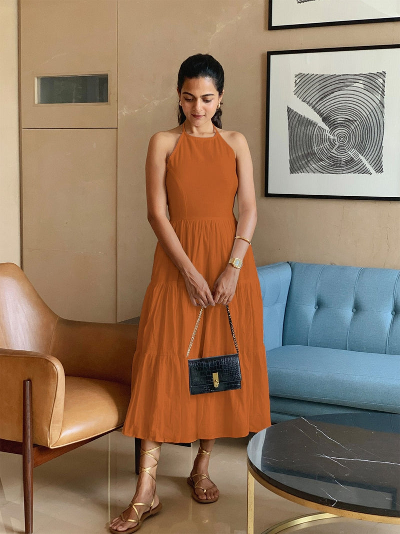 Rust Sandstone 100% Cotton Halter Neck Tier Midi Dress