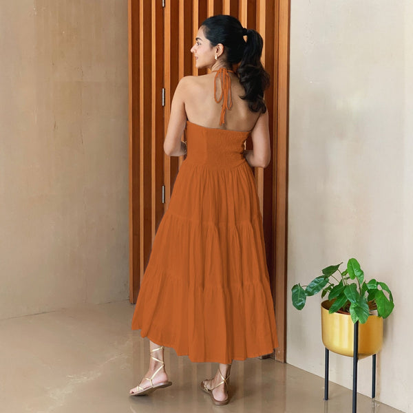 Rust Sandstone 100% Cotton Halter Neck Tier Midi Dress