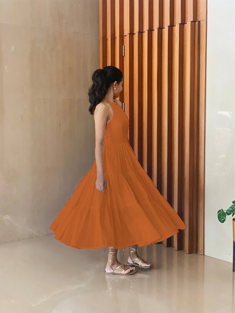Rust Sandstone 100% Cotton Halter Neck Tier Midi Dress