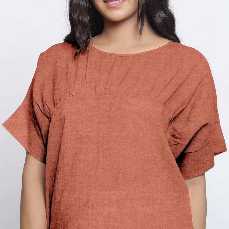 Rust Sandstone Cotton Linen Drop Shoulder Sleeves Yoked Top