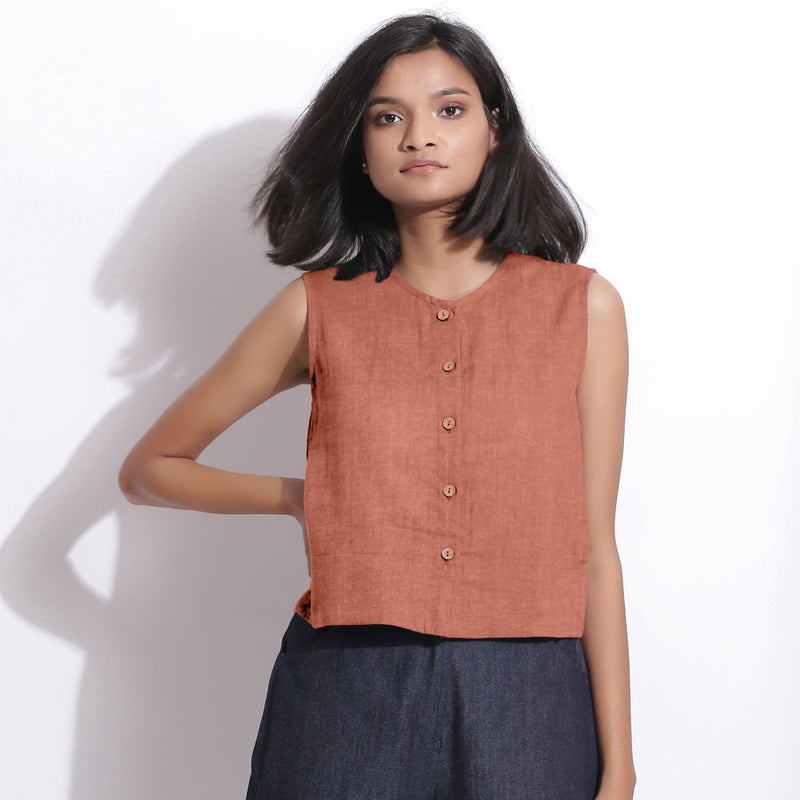 Rust Sandstone Cotton Linen Sleeveless Button-Down Shirt