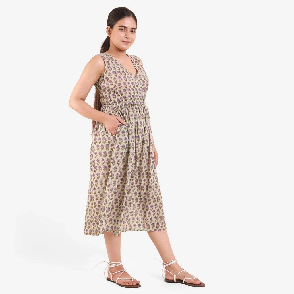 Right View of a Model wearing Sage Green Floral Wrap Cotton Dress