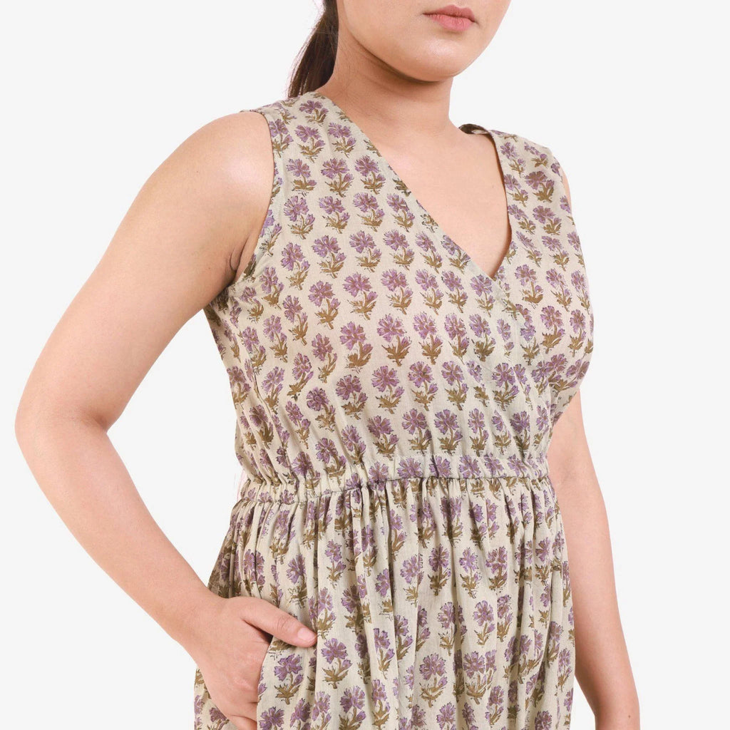 Front Detail of a Model wearing Sage Green Floral Wrap Cotton Dress