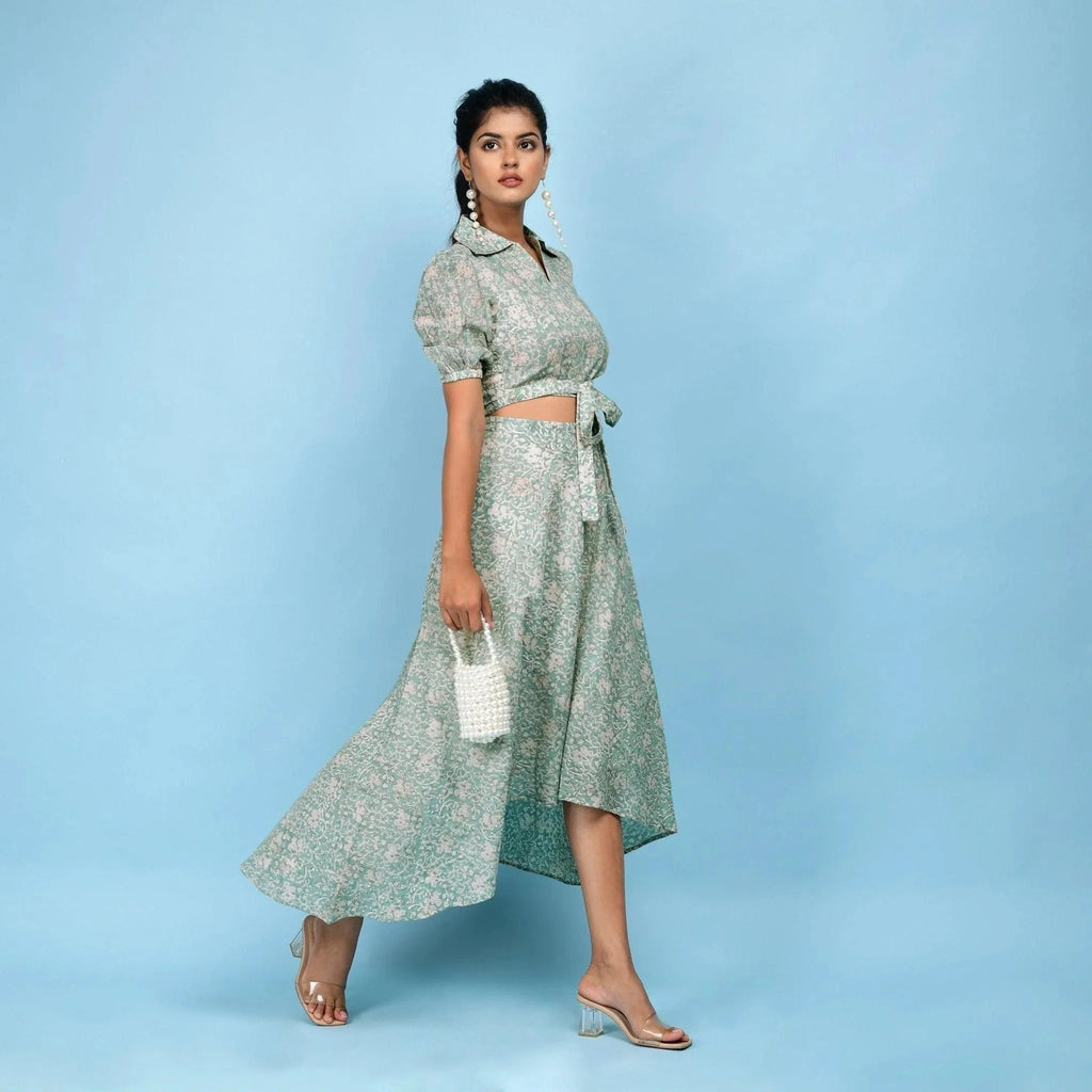 Right View of a Model wearing Sage Green Block Printed 100% Cotton Blouse Top