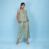 Front View of a Model wearing Sage Green Block Printed Cotton Culottes