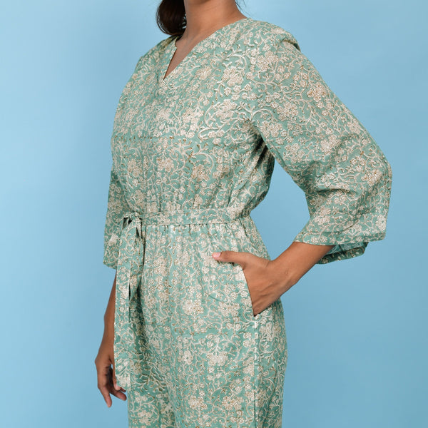 Front Detail of a Model wearing Sage Green Block Printed Ankle Length Cotton Jumpsuit
