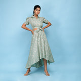 Front View of a Model wearing Sage Green Block Printed 100% Cotton Blouse Top