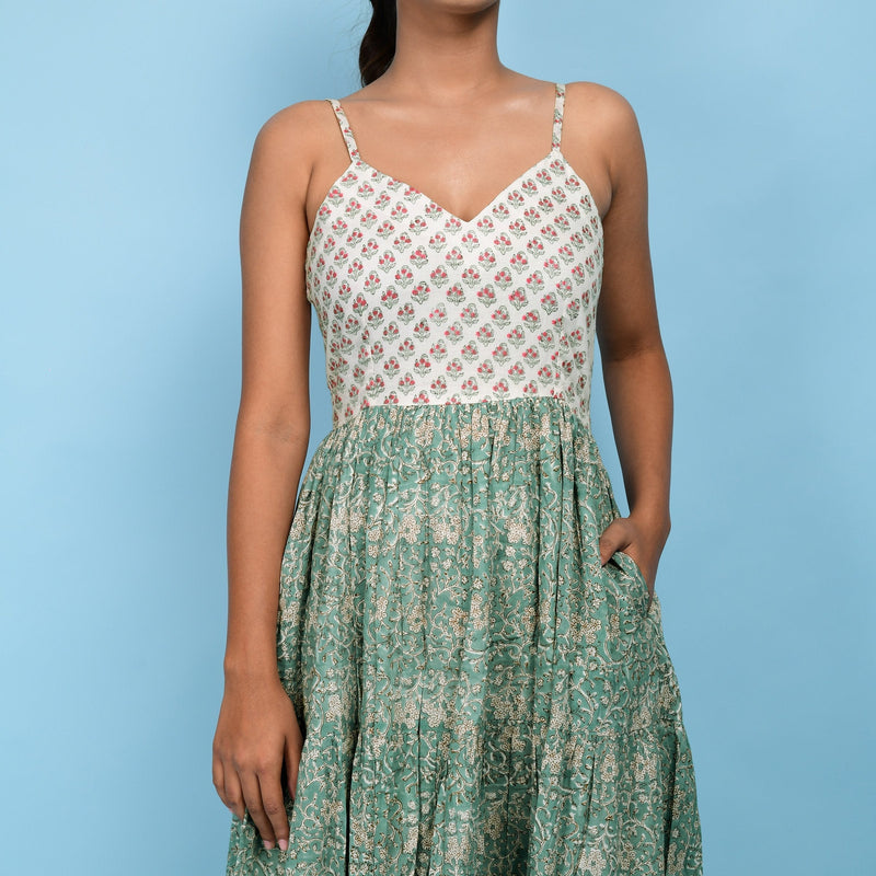 Front Detail of a Model wearing Sage Green Block Printed Camisole Cotton Midi Dress