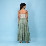 Back View of a Model wearing Sage Green Block Printed Camisole Cotton Midi Dress