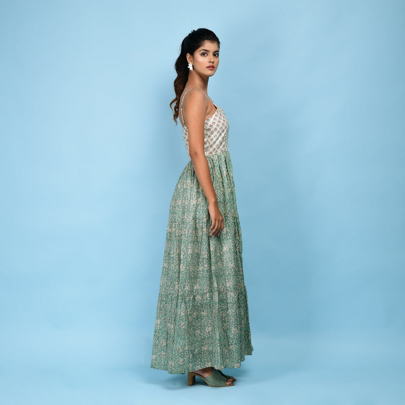 Right View of a Model wearing Sage Green Block Printed Camisole Cotton Midi Dress