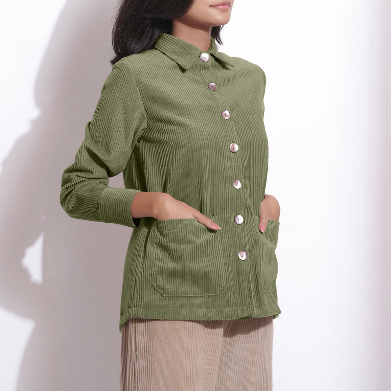 Front Detail of a Model wearing Sage Green Corduroy Button-Down Pocket Shirt