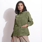 Front View of a Model wearing Sage Green Corduroy Button-Down Pocket Shirt