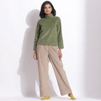 Front View of a Model wearing Sage Green Warm Cotton Corduroy High Neck Top