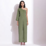 Front View of a Model wearing Sage Green Corduroy One-Shoulder Jumpsuit