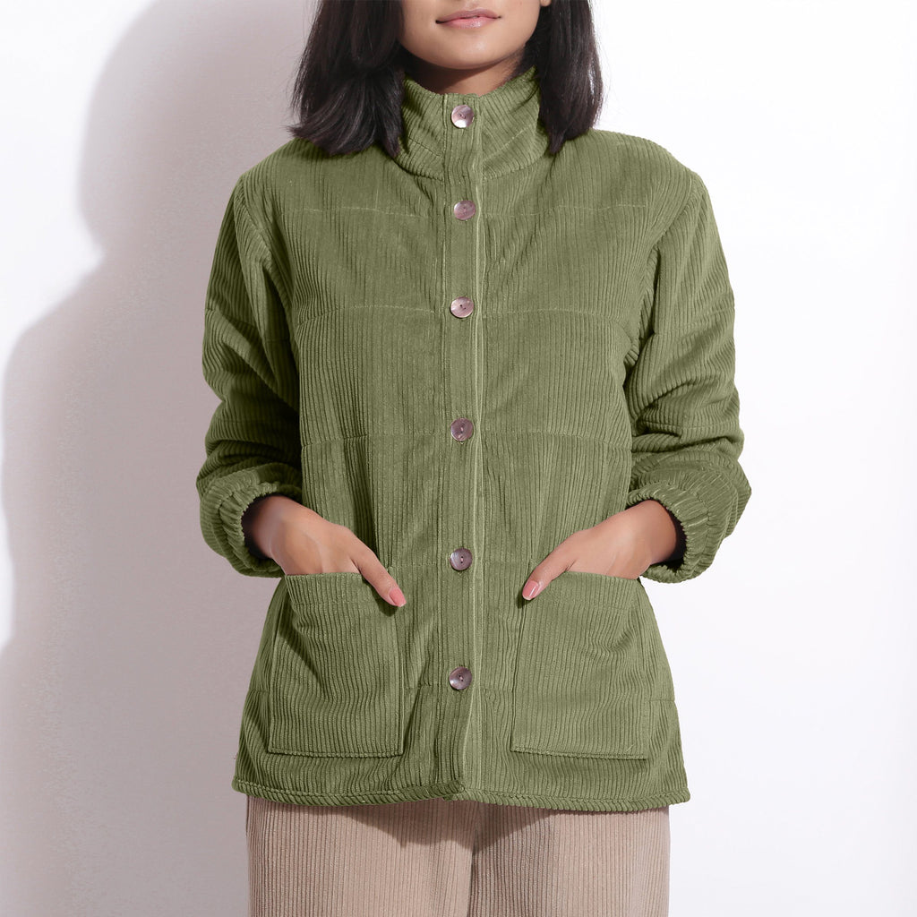 Front Detail of a Model wearing Sage Green Corduroy Quilted Puffer Jacket