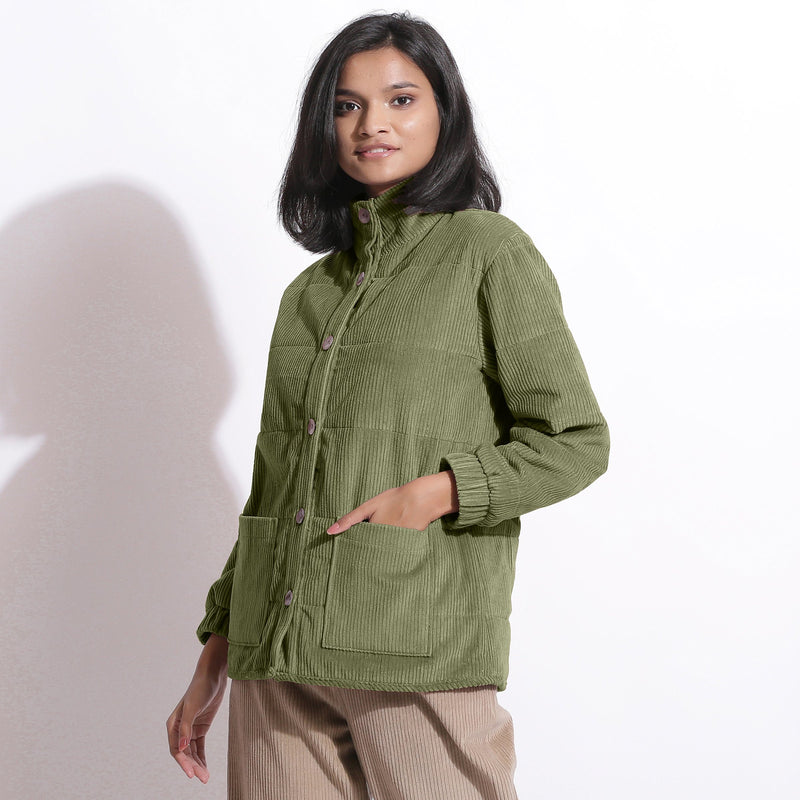 Front View of a Model wearing Sage Green Corduroy Quilted Puffer Jacket